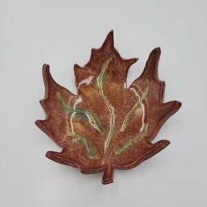 Handcrafted Art Pottery Leaf Brown Trinket Dish Clay 6"